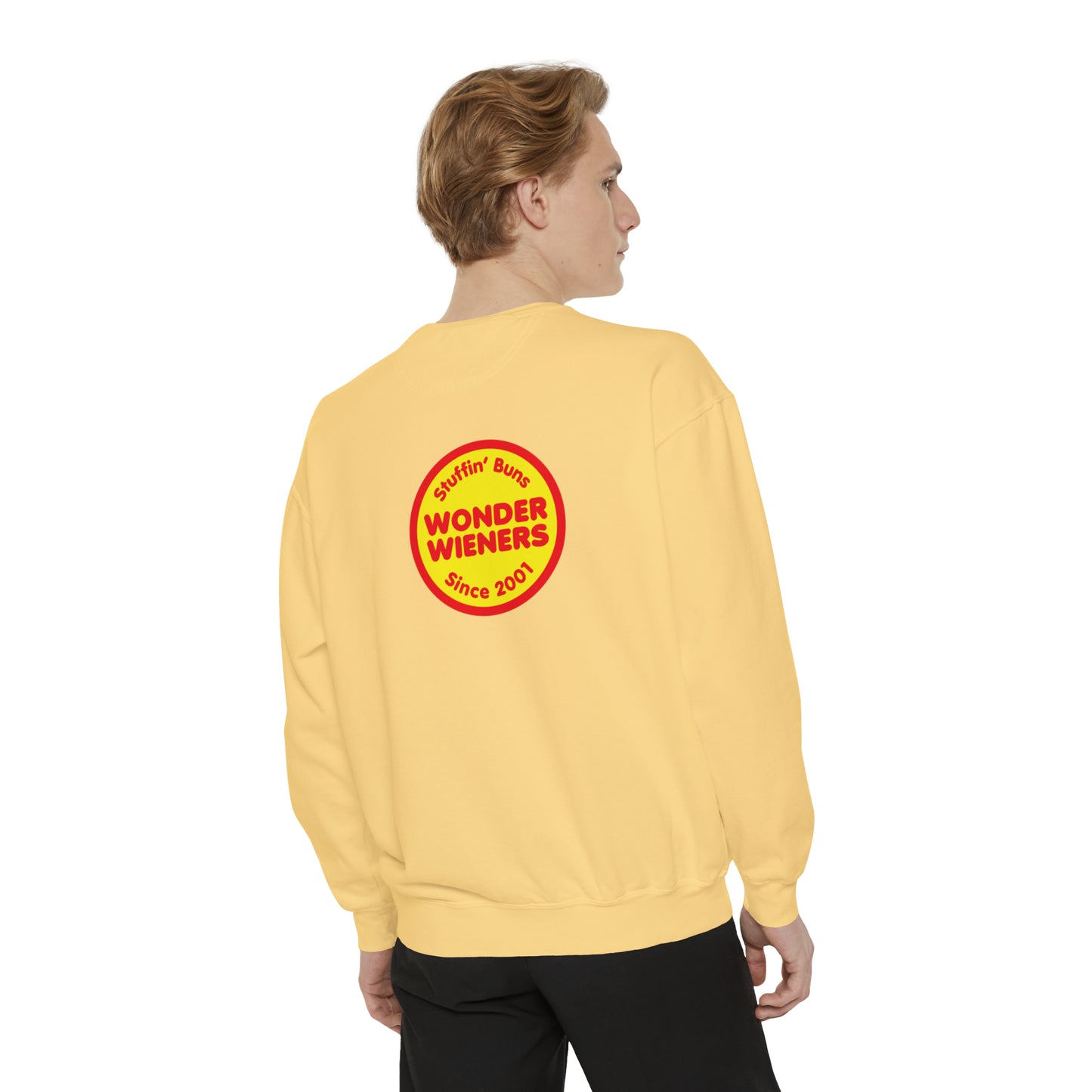 Wonder Wieners Crewneck Sweatshirt - Logo Front, 'Stuffin Buns Since 2001' Back